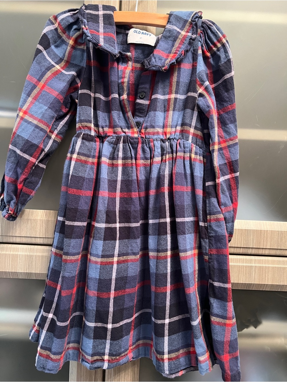 Old Navy Navy, Red and Light Blue Plaid Ruffled Collar Dress